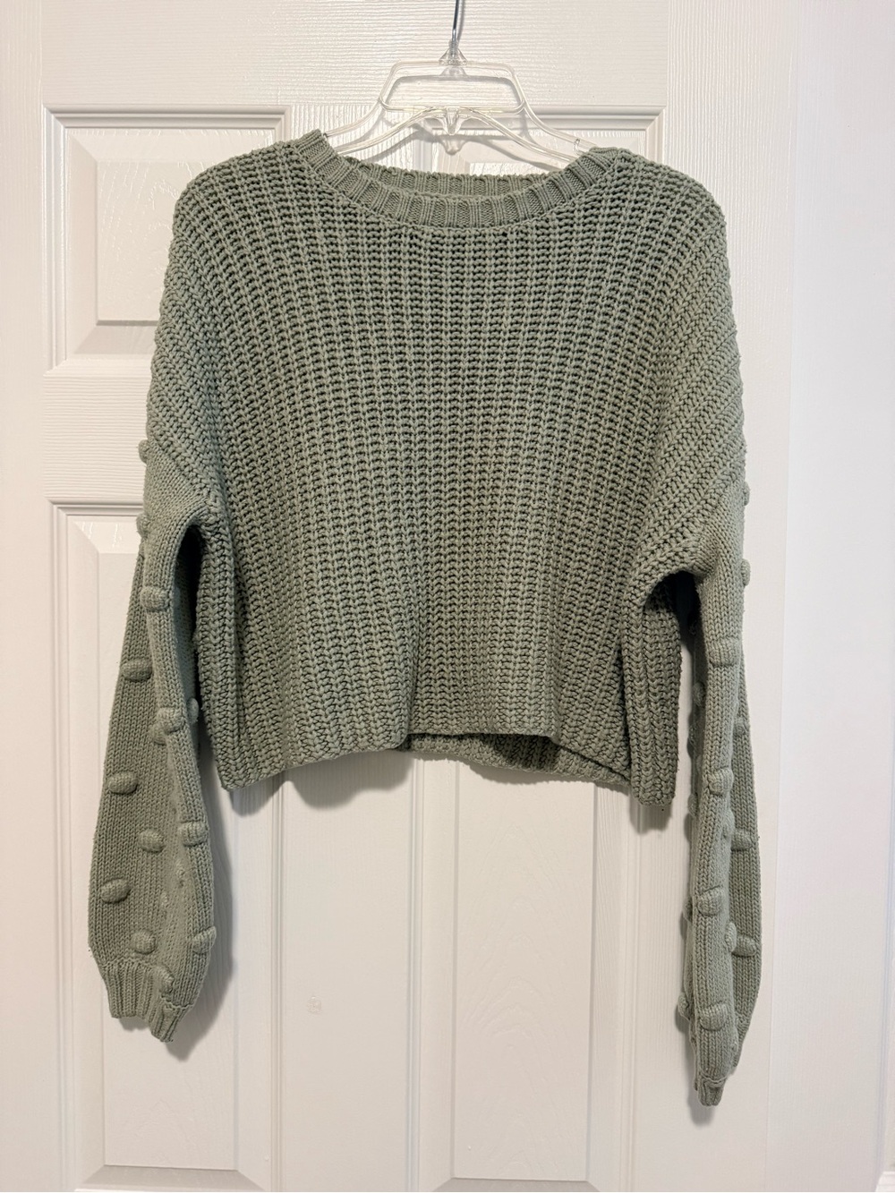 moon & madison Sage Pom-Pom Sleeve Cropped Crewneck Sweater